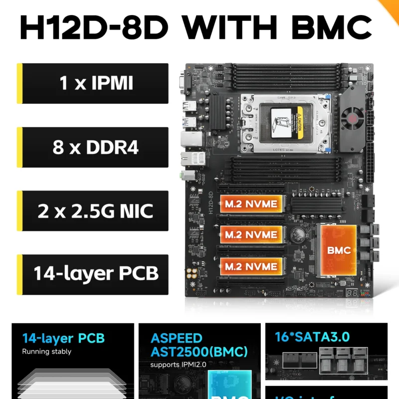 HUANANZHI H12D 8D AMD  Motherboard with BMC module support AMD EPYC 7002 7003 series CPU 8 channel memory Dual 2.5G network IPMI