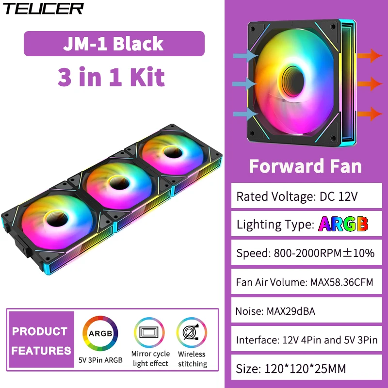 TEUCER JM-1 Case Fan Water Cooling 360mm Cooler Fan PC Cooling Fan 120mm 800-2000RPM PWM ARGB Mirror Cycle Light Effect Case Fan