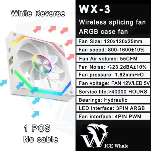 ICE Whale WX-3 Wire-Splicing PC Case Cooling Fan 3PIN ARGB Mirror Cycle Light Effect 800-1600RPM PWM Water Cooling Cooler Fan