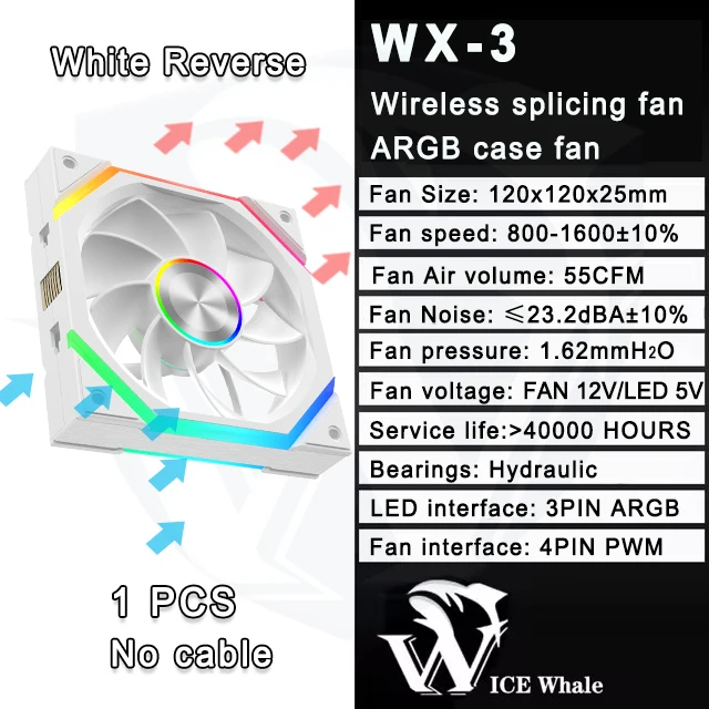 ICE Whale WX-3 Wire-Splicing PC Case Cooling Fan 3PIN ARGB Mirror Cycle Light Effect 800-1600RPM PWM Water Cooling Cooler Fan