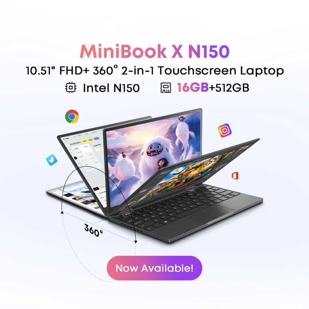 CHUWI MiniBook X 2-in-1 Touch Screen Laptop Intel N150 16GB LPDDR5 512G SSD 10.51"1920x1200 FHD Resolution Ultra-thin Notebook