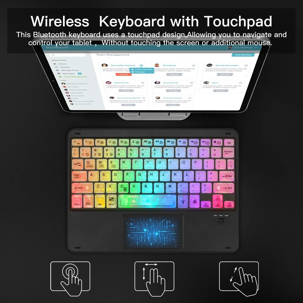 RGB Rainbow Backlit Wireless Bluetooth Keyboard Touchpad and Mouse Wireless Spanish Korean Keyboard for iPad Laptops Tablet PC