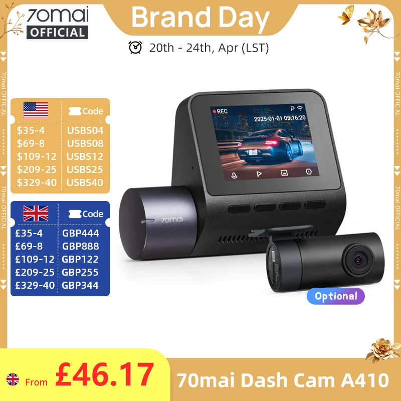 70mai Dash Cam A410 2.5K+1080P Dual-Channel Recording Built-in GPS 24H Parking Surveillance Car DVR 70mai A410