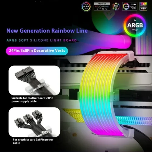 5V 3Pin ARGB Sync PC Cable 8/24PIN Motherboard Power Extension Cable Flexible LED Strip Light DIY Kit for Computer Power Supply
