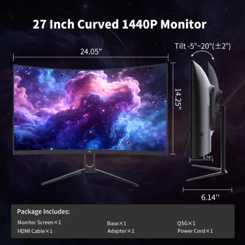 KTC H27S5C 27" Curved Gaming Monitor, 1440P QHD 144Hz 120Hz Monitor 1500R HVA Panel, HDR400, Adaptive Sync, 400nits