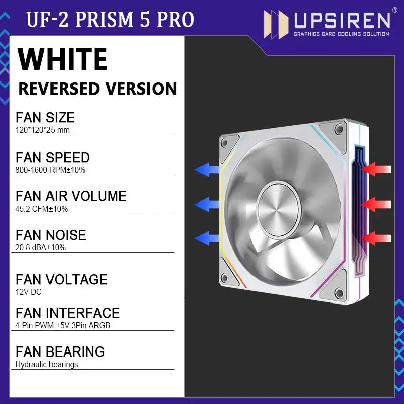 UPSIREN UF-2 PRISM 5 PRO 12CM ARGB Large Air Volume Computer Chassis Fan Regular version/Reversed version Dual mode selection