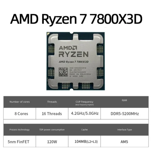 AMD Ryzen 7 7800X3D Gaming Processor AMD R7 7800X3D 8-Core 16-Thread 5NM 104M Game Cache Socket AM5 without Package for PC Gamer
