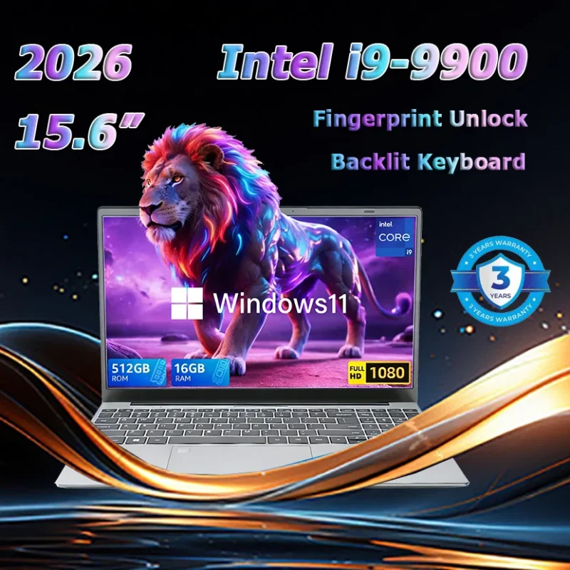 2026 Brand New Intel i9-9900 15.6 Inch Backlit Fingerprint Unlock Laptop Windows 11 Office Study NoteBook Gaming Computer PC