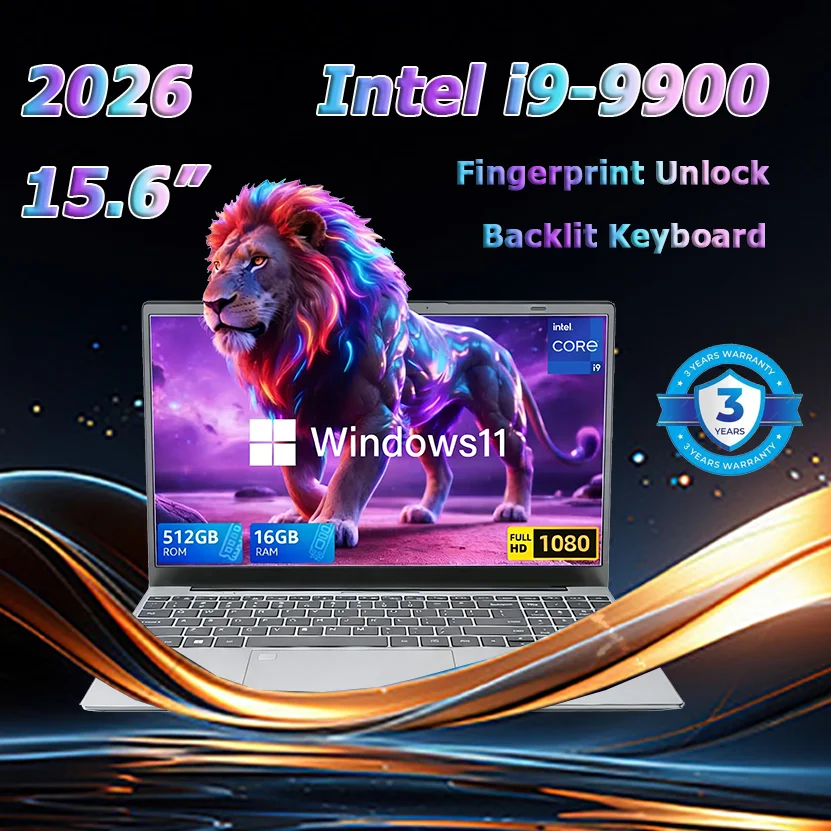 2026 Brand New Intel i9-9900 15.6 Inch Backlit Fingerprint Unlock Laptop Windows 11 Office Study NoteBook Gaming Computer PC
