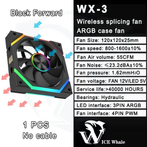 ICE Whale WX-3 Wire-Splicing PC Case Cooling Fan 3PIN ARGB Mirror Cycle Light Effect 800-1600RPM PWM Water Cooling Cooler Fan