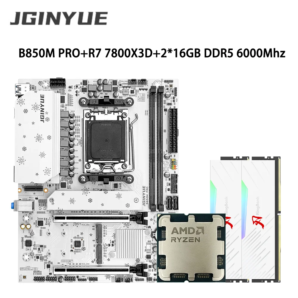 JGINYUE B850M Pro Motherboard Set With AMD Ryzen 7 7800X3D CPU And 2*16GB DDR5 6000MHz Memory Support M.2 NVME SATA 3.0 ARGB