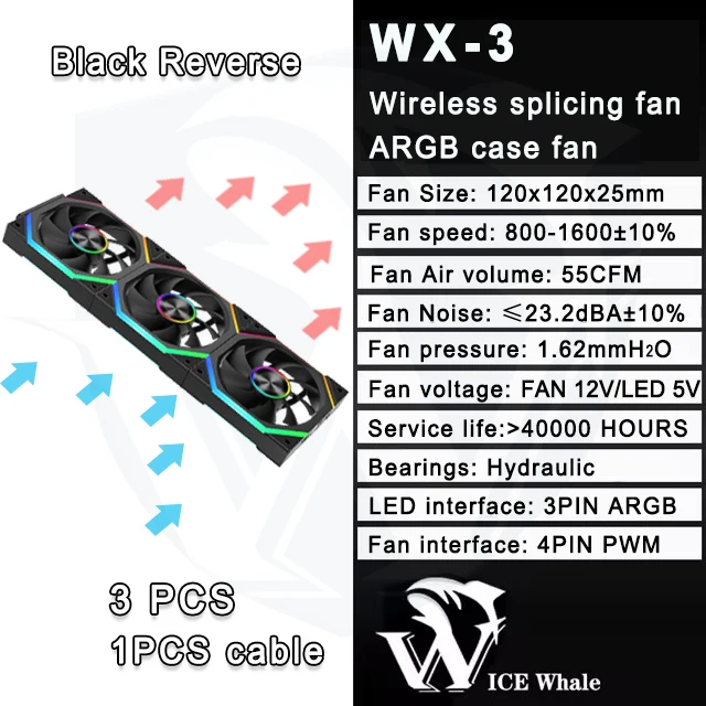 ICE Whale WX-3 Wire-Splicing PC Case Cooling Fan 3PIN ARGB Mirror Cycle Light Effect 800-1600RPM PWM Water Cooling Cooler Fan