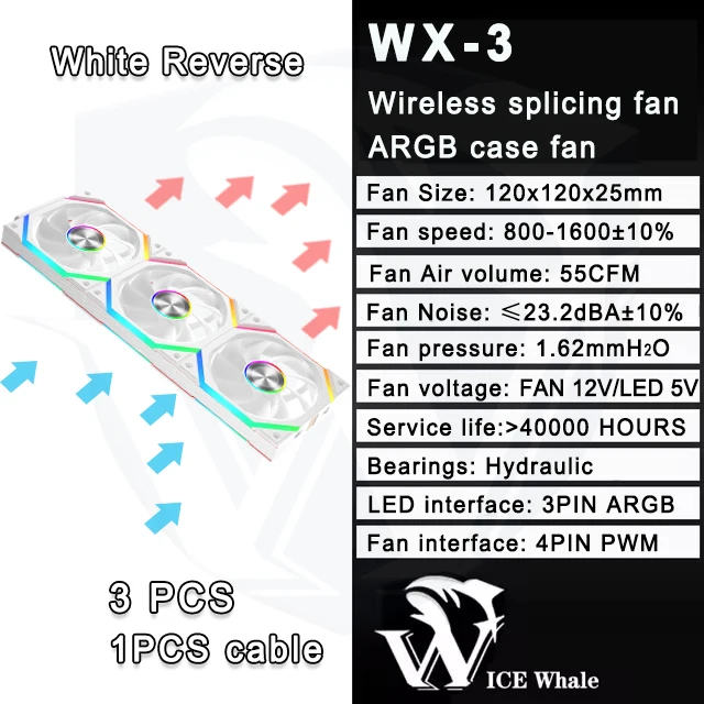 ICE Whale WX-3 Wire-Splicing PC Case Cooling Fan 3PIN ARGB Mirror Cycle Light Effect 800-1600RPM PWM Water Cooling Cooler Fan