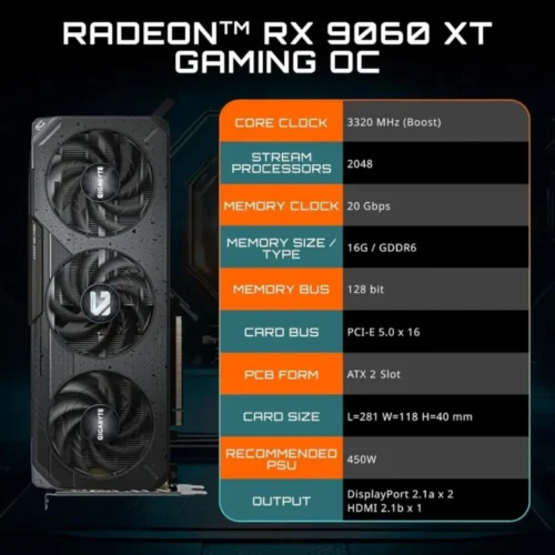 Radeon RX 9060 XT Gaming OC 16G Graphics Card, PCIe 5.0, 16GB GDDR6, GV-R9060XTGAMING OC-16GD Video Card