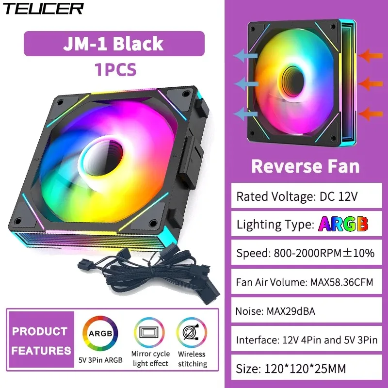 TEUCER JM-1 PC Case Fan 120mm ARGB Mirror Cycle Light Effect Cooling Fan 4PIN PWM Low noise Chassis Water Cooling Ventilador