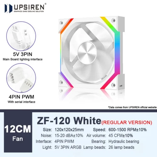 UPSIREN ZF-120 Computer Case Fan 12cm ARGB 4Pin PWM Quiet Cooling Fan 12V Large Air Volume 45CFM/600-1500RPM Use 26 lamp beads