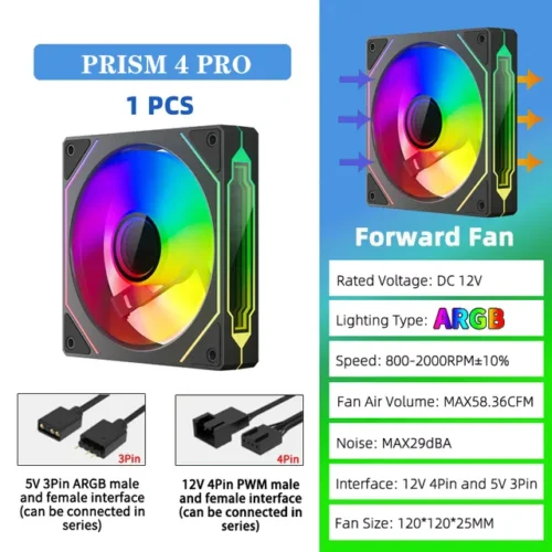 OEM PRISM 4 PRO Computer Chassis Fan 120mm 5V 3PIN ARGB 4 Pin PWM Quiet Cooling Fan 12V Large Air Volume 45.2CFM/600-1500RPM
