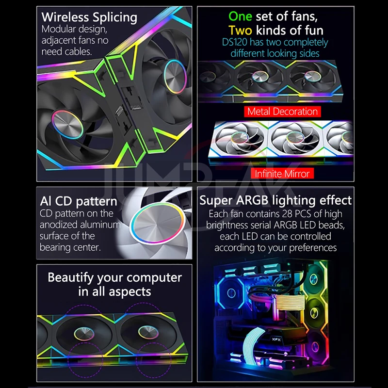 JUMPEAK DS120 Face-Changing ARGB Cooling Fan 360mm 240mm Modular Stackable Splicing 120mm RGB Fans For Gaming PC Case CPU Cooler