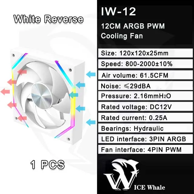 ICE Whale IW-12 Computer PC Case Fan 120mm ARGB 4Pin PWM Cooling Fan Motherboard Sync 61.5CFM/2000RPM CPU Cooler Ventilator