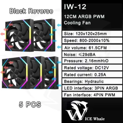 ICE Whale IW-12 Computer PC Case Fan 120mm ARGB 4Pin PWM Cooling Fan Motherboard Sync 61.5CFM/2000RPM CPU Cooler Ventilator