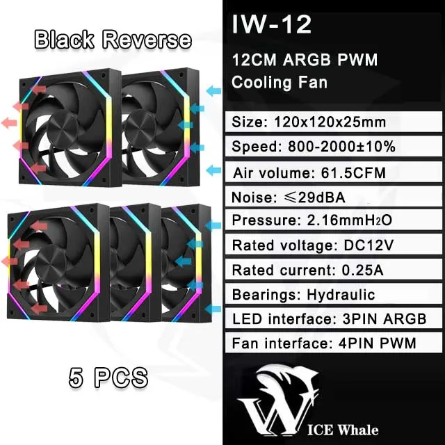 ICE Whale IW-12 Computer PC Case Fan 120mm ARGB 4Pin PWM Cooling Fan Motherboard Sync 61.5CFM/2000RPM CPU Cooler Ventilator