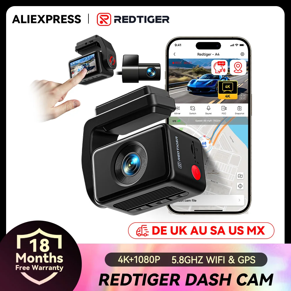 REDTIGER  A4 4k Dash Cam Front and Rear Drive Recorder GPS& 5G WiFi Touch Screen Night Vision 24H Parking Mode Voice Control