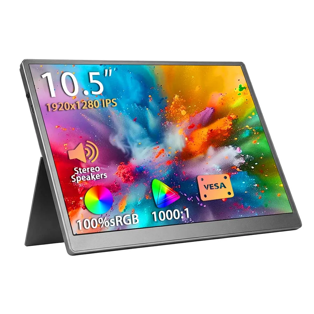 Portable 10.5 inch Monitor USB-C HDMI 100%sRGB VESA 1080 IPS LCD Screen Small Display with Speaker for PC Computer Windows