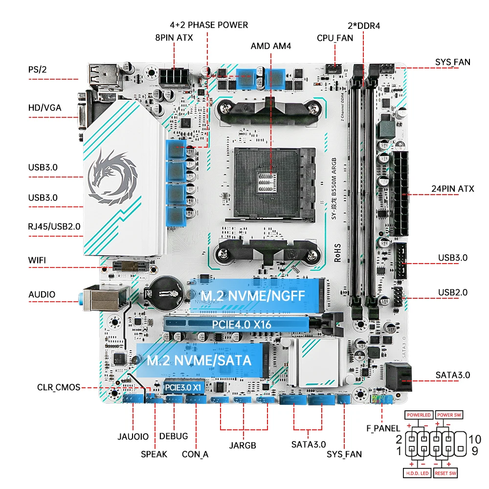 SOYO World Premiere AMD B550M Gaming Motherboard USB3.2 PCIE3.0 M.2 NVME Dual Channel DDR4 AM4 Socket supports Ryzen 5700X CPU