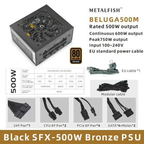 METALFISH SFX 80Plus Bronze 500/600W PSU Black Power Supply Full-Modular For Mini ITX Chassis Small Computer Case 100/240V Input