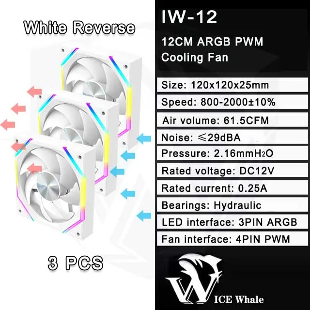 ICE Whale IW-12 Computer PC Case Fan 120mm ARGB 4Pin PWM Cooling Fan Motherboard Sync 61.5CFM/2000RPM CPU Cooler Ventilator
