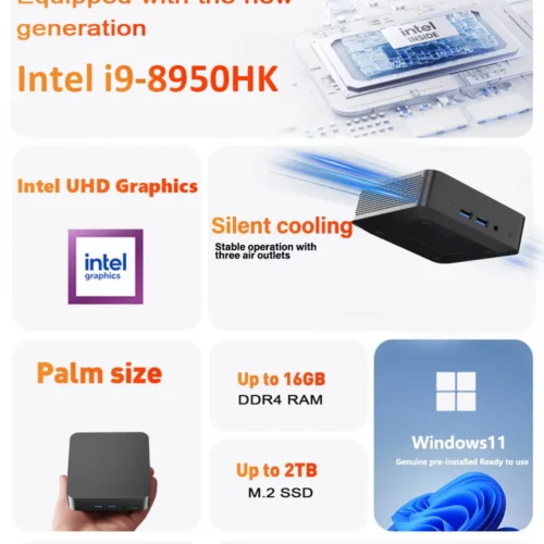 Brand New Mini PC Intel Core i9-8950HK 16GB RAM 1/2TB SSD Bluetooth 5.2 WiFi6 1000M Ethernet Windows 11 Gaming Office PC