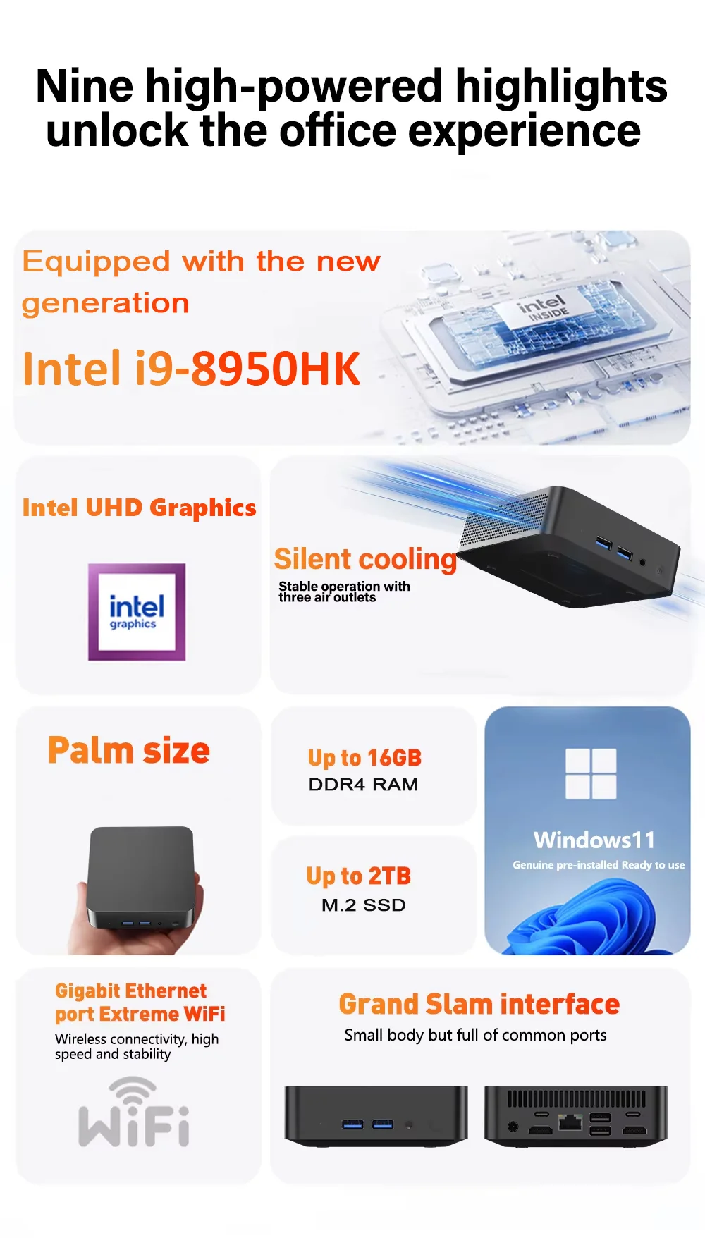 Intel Core i9-8950HK Brand New Mini PC 16GB RAM 1/2TB SSD Bluetooth 5.2 WiFi6 1000M Ethernet Windows 11 Gaming Office PC