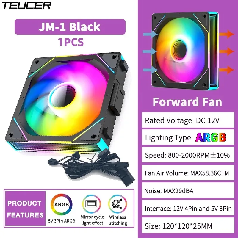 TEUCER JM-1 PC Case Fan 120mm ARGB Mirror Cycle Light Effect Cooling Fan 4PIN PWM Low noise Chassis Water Cooling Ventilador