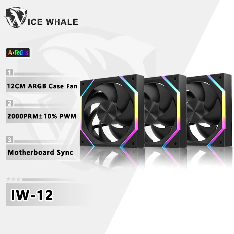 ICE Whale IW-12 Computer PC Case Fan 120mm ARGB 4Pin PWM Cooling Fan Motherboard Sync 61.5CFM/2000RPM CPU Cooler Ventilator