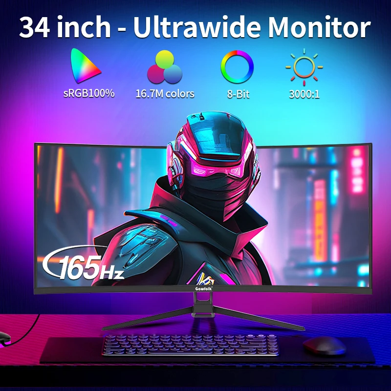 Gawfolk 34 Inch Ultrawide Curved Gaming Monitor, 1500R PC Screen 165hz UWQHD 4K, Curved Computer Screen with FreeSync, Support W