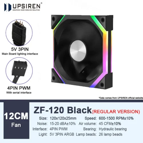 UPSIREN ZF-120 Computer Case Fan 12cm ARGB 4Pin PWM Quiet Cooling Fan 12V Large Air Volume 45CFM/600-1500RPM Use 26 lamp beads