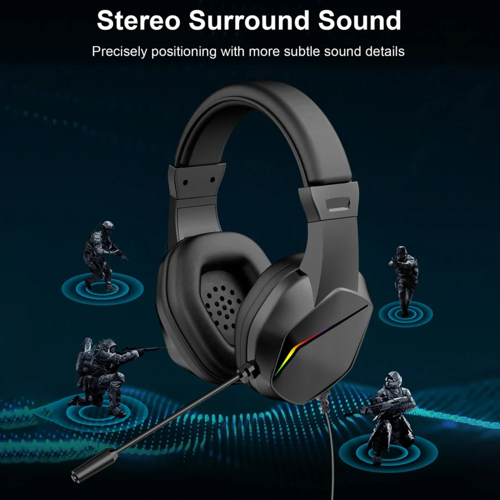 USB Wired Gaming Headset with LED Light Over-Ear Headphones for PC Laptop with Noise-Cancelling Mic 40mm Driver for Immersive