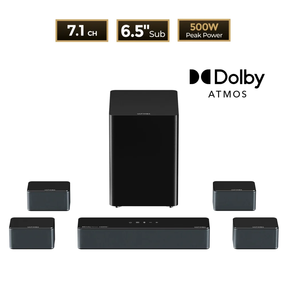 ULTIMEA Poseidon D80 7.1 Surround Soundbar with Dolby Atmos, Wireless Subwoofer&4 Speakers, Home Theater System with APP Control