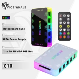 ICE Whale C10 1 to 10 PWM&ARGB Case Fan Hub SATA Power Interface Splitter 4Pin PWM 3Pin Addressable ARGB With Remote control