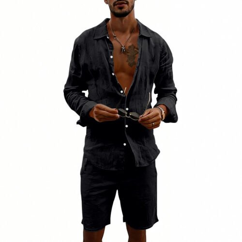 Men's Linen Casual Loose-Fit Long-Sleeve Shirt And Shorts Set