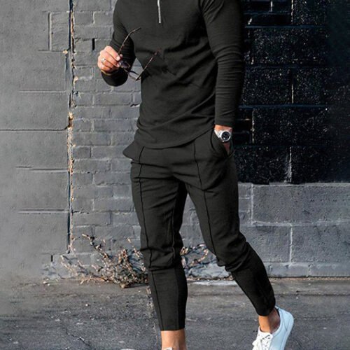 Mens Long-sleeve Zip-up Top And Pants Two-piece Set