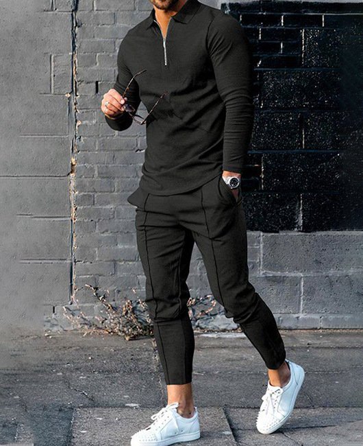 Mens Long-sleeve Zip-up Top And Pants Two-piece Set