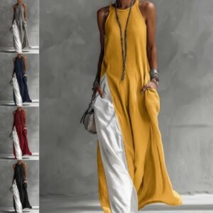 Women Strappy Maxi Dress A-line Vest Type Color Block Summer Beach Dress Loose Casual Halter Neck Pocket Side Split Long Dresses