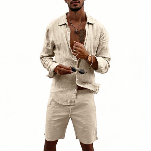 Men's Linen Casual Loose-Fit Long-Sleeve Shirt And Shorts Set