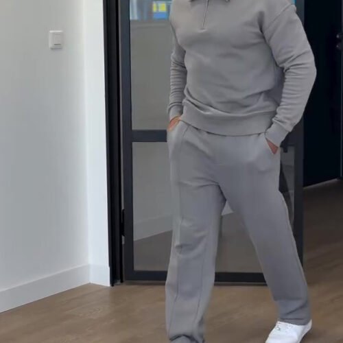 Half-Zip Polo Neck Sweatshirt & Slim Flare Pants Set