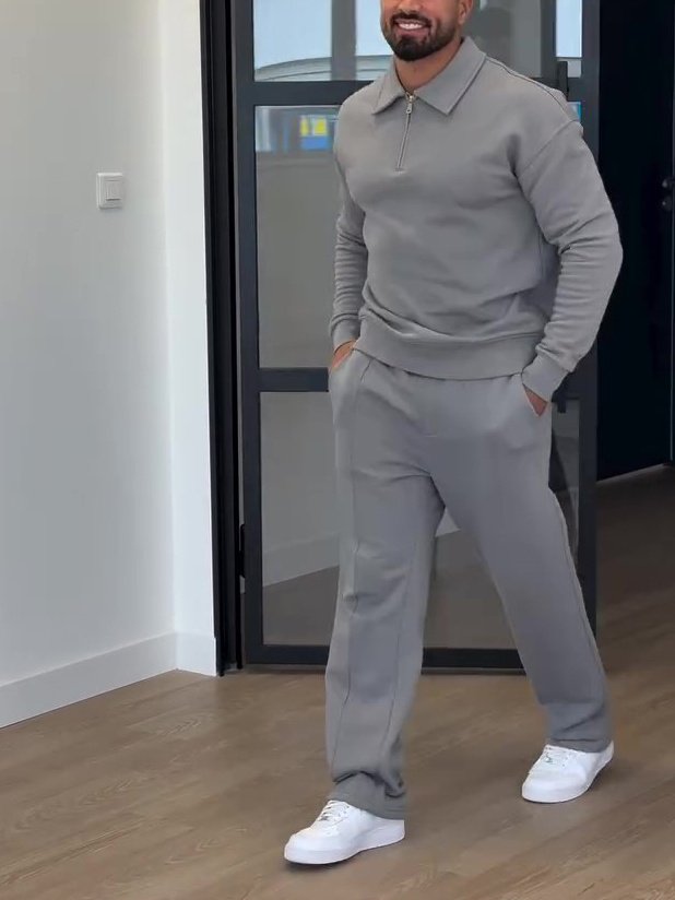 Half-Zip Polo Neck Sweatshirt & Slim Flare Pants Set