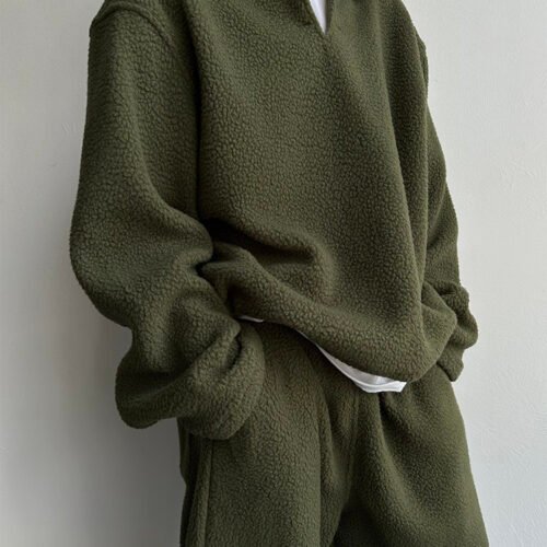 Lazy And Relaxing Army Green Collar Particle Velvet Men's Set