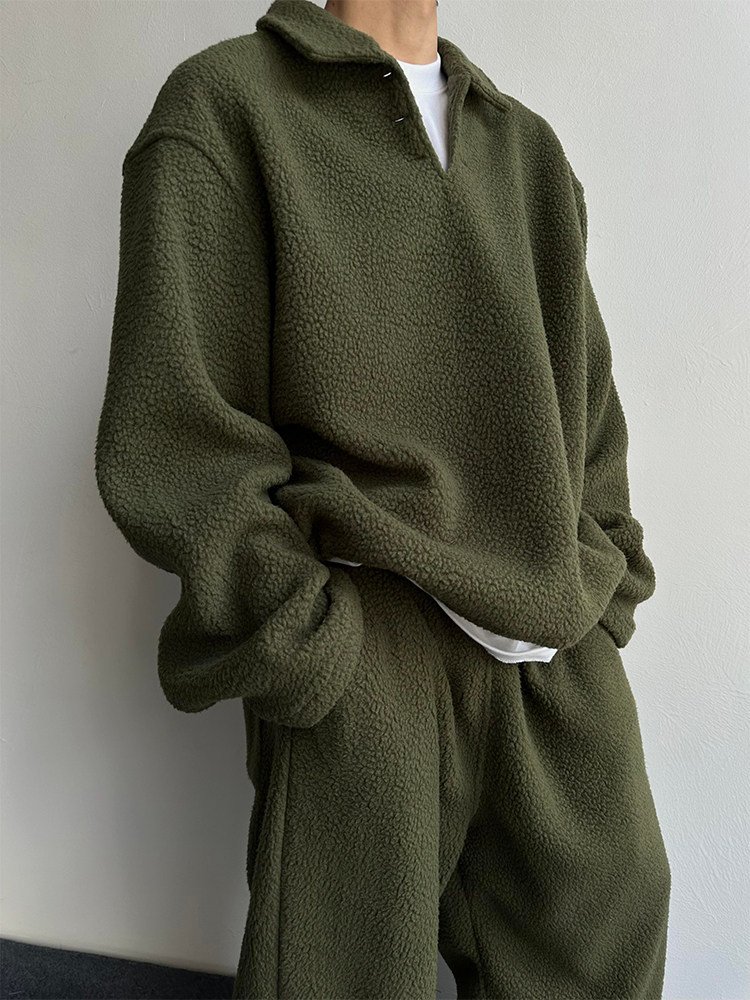 Lazy And Relaxing Army Green Collar Particle Velvet Men's Set