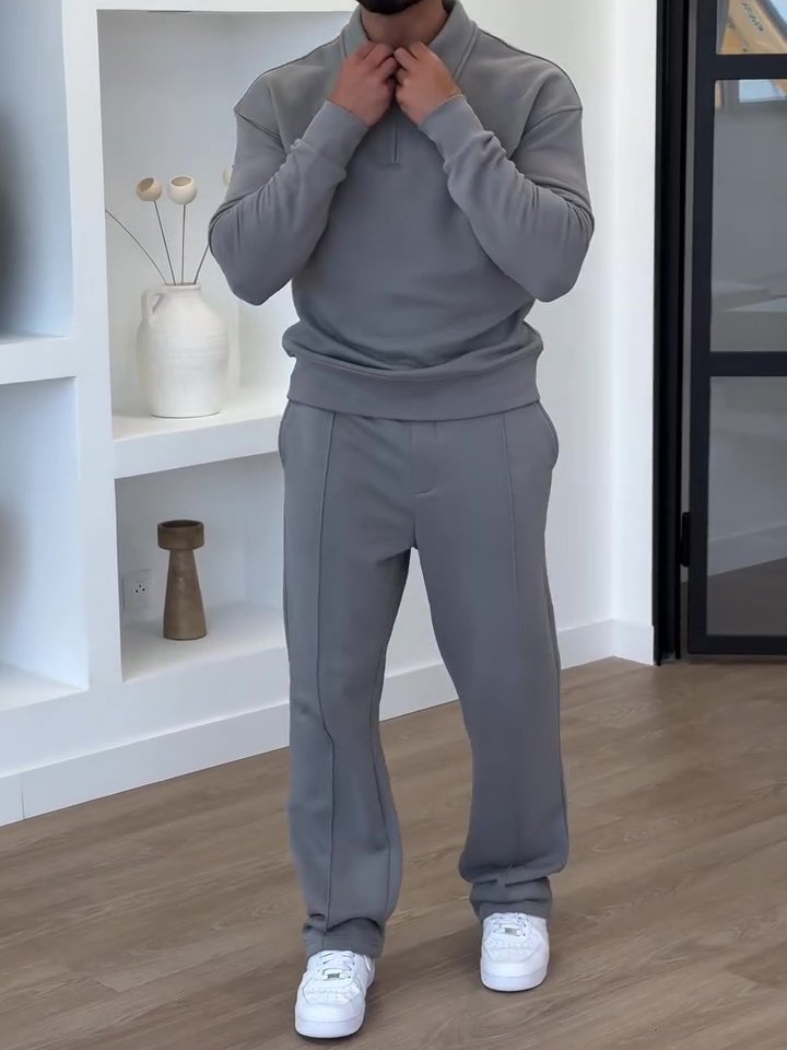 Half-Zip Polo Neck Sweatshirt & Slim Flare Pants Set