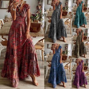 Summer Floral Print A-Line Dress  Women's Waist-Cinching  Mid-Length Dresses